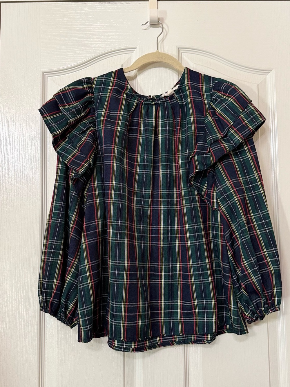 entro Girls Navy Green Plaid Ruffle Long-Sleeve Top